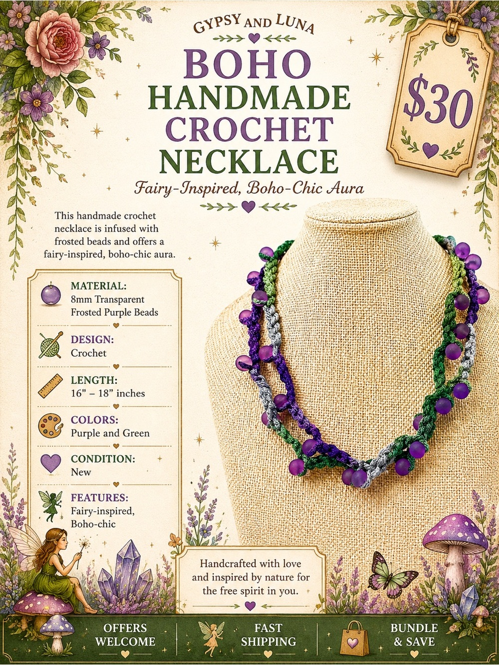 Handmade Boho Crochet Beaded Necklace